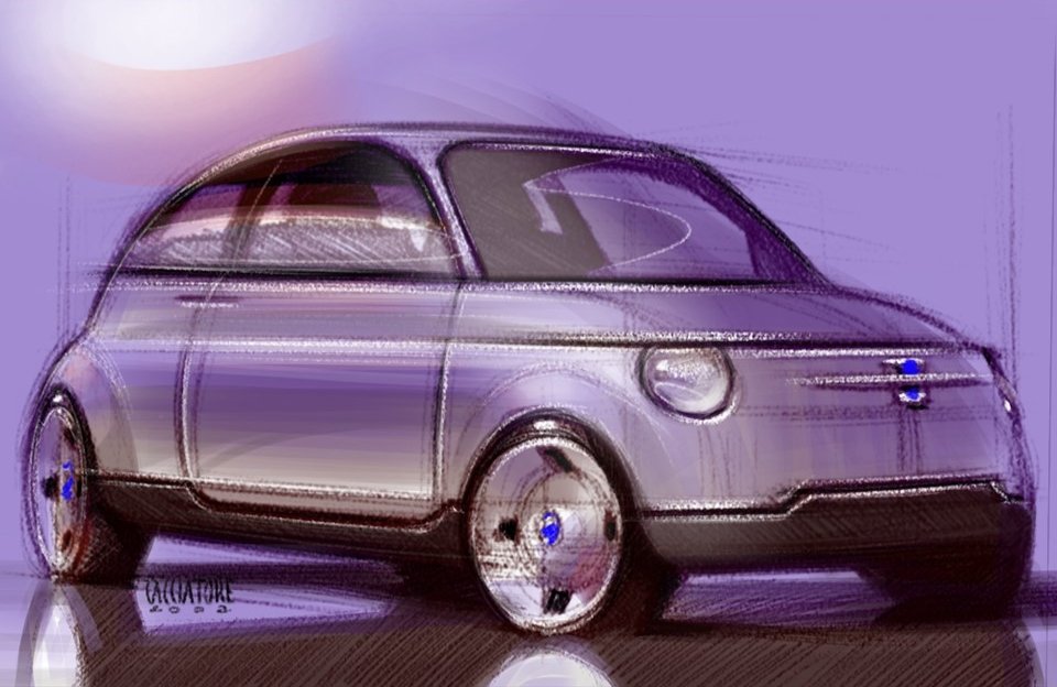 First sketch of the Fiat Trepiùno, which became the new 500